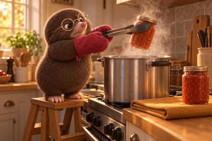 Digby on a wooden step stool at the stove in red oven mitts, holding a full jar in kitchen tongs above a steaming canning pot, his brow furrowed.