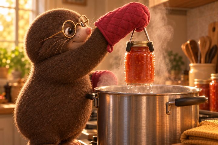 Close beside the pot, Digby in red oven mitts lifts a full jar of preserves straight out of the steaming water with a wire jar lifter, water dripping off the glass.