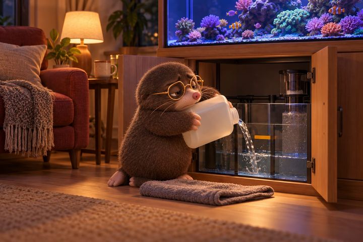 Digby kneeling at the open cabinet under his reef tank at night, pouring from a heavy jug into the sump with both paws, weary and heavy-lidded, a strip of tape marking the water line above where the water actually sits.