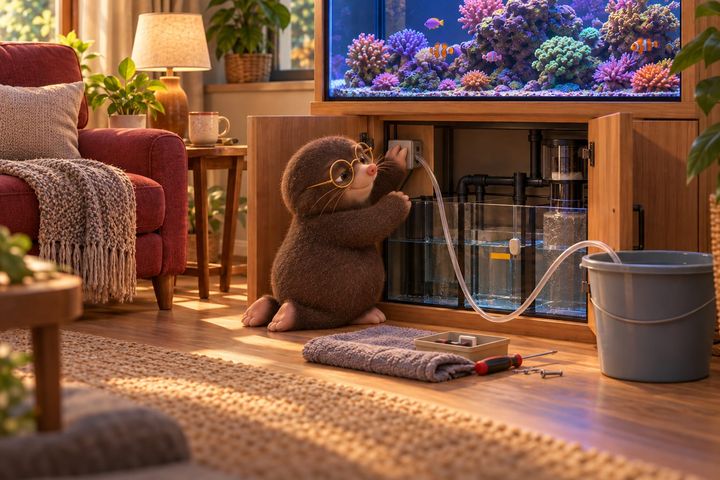 The same living room by day, from further back, the cabinet under the reef tank open: a bucket of fresh water on the floor, a thin tube running up into the sump, a small sensor clipped at the water line, and Digby kneeling at the cabinet, pressing a small plain box against its inside wall, a screwdriver on the floor beside him.