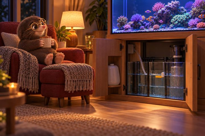 The same room at night, the cabinet open with the water sitting exactly on the tape line and a thin tube where the jug was, and Digby in the armchair beside it with his feet up on a footstool and a mug, looking at the tank.