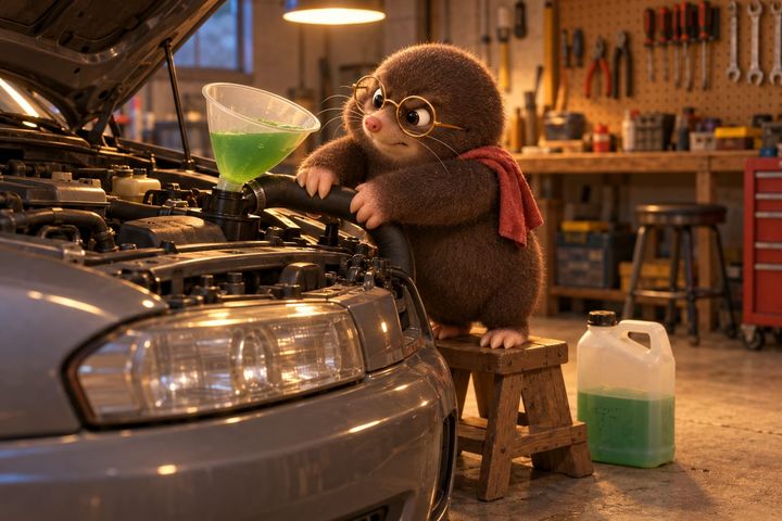 Digby on a wooden step at a grey car's open hood, squeezing the top radiator hose with both paws and frowning at a funnel of green coolant on the radiator neck, a red rag over his shoulder.
