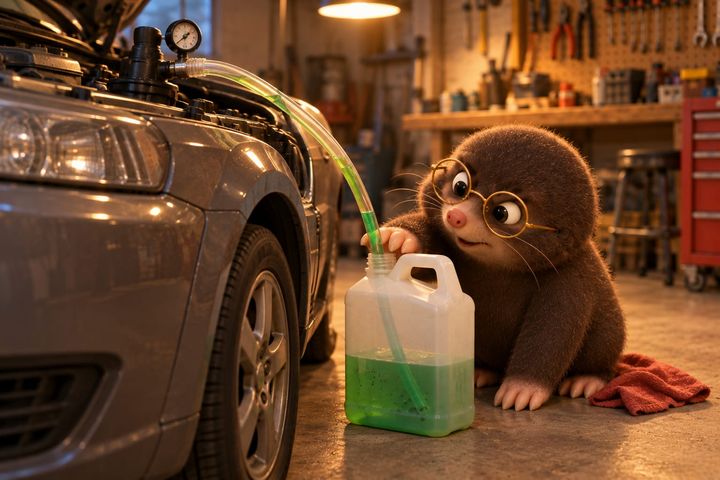 Down by the front wheel: a clear hose runs from a fitting and gauge on the radiator neck into a jug of green coolant on the floor, and Digby crouches beside it holding the hose, watching the level.
