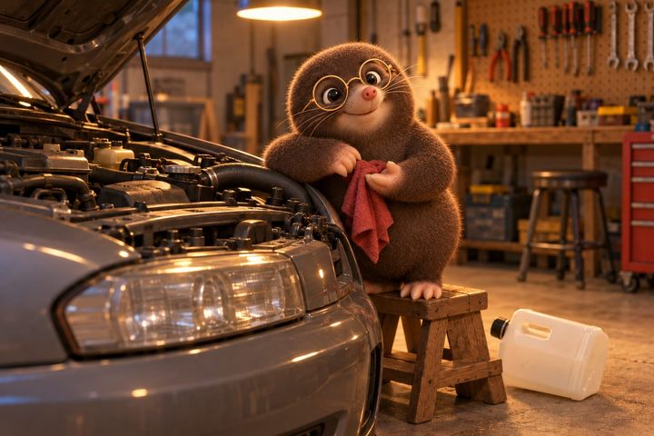 The same car from the same angle: the funnel's gone, the cap's back on, the empty jug lies on its side by the step, and Digby leans on the car wiping his paws on the red rag with a small smile.