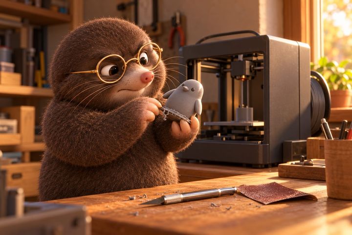 Digby at a workbench beside a small desktop 3D printer, picking with one claw at the ragged brim around the base of a little grey printed penguin. A hobby knife and a scrap of sandpaper lie beside him, and his brow is furrowed.