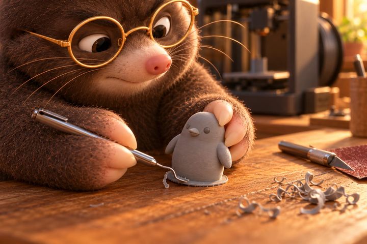 Close over the bench, Digby holds the grey penguin steady with one paw and runs a slim pen-shaped tool around its base with the other, a thin curl of plastic lifting away.
