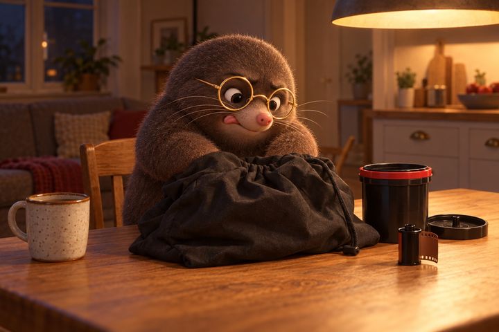 Digby at his kitchen table at night with both arms inside a black changing bag up to the elbows, brow furrowed and tongue out, a plastic developing tank and a roll of film beside him.