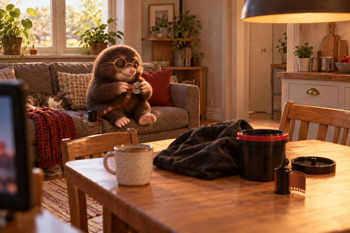 The same kitchen by day, from further back: Digby sits on the sofa with his eyes shut and a small smile, winding a scrap roll of film onto a steel spiral, a cat asleep beside him and the plastic tank still on the table.