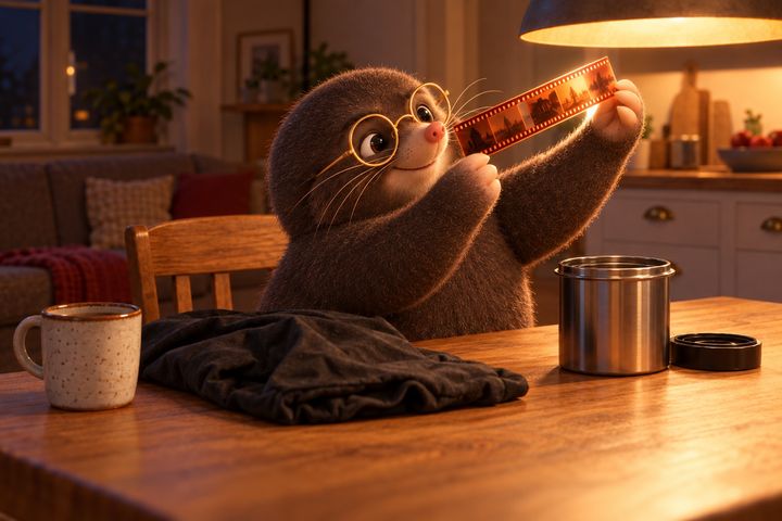 The same kitchen table at night, the changing bag folded to one side, and Digby holding a strip of developed negatives up to the lamp with a small smile, a steel tank with its lid off beside him.