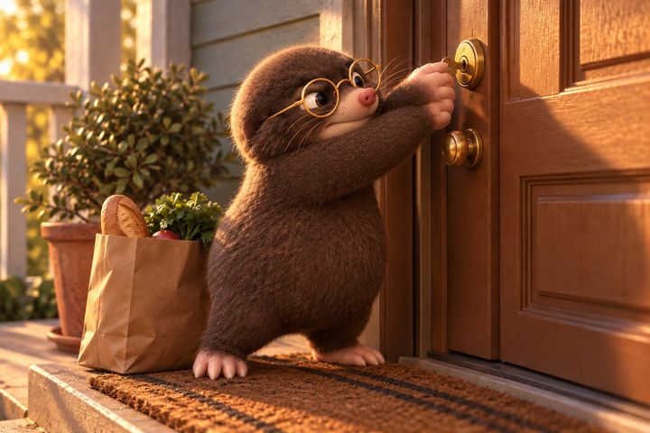 Digby on a porch step in warm evening light, leaning in with both paws on a key stuck in a brass deadbolt, brow furrowed, a paper grocery bag of bread and greens at his feet.