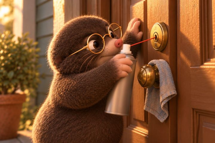 Closer in on the same door: Digby holds a plain grey spray can up to the deadbolt with its thin red straw in the keyway, and a rag hangs over the knob below.