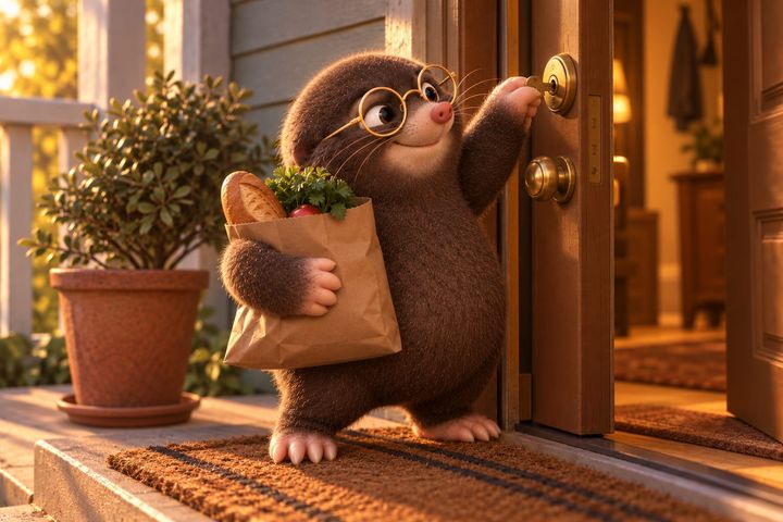 The same step from the same angle, with the door half open onto a warm hallway. Digby turns the key with one paw and smiles, the grocery bag hugged under his other arm.