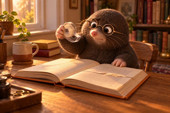 Digby at a wooden desk by a sunny window, holding a roll of clear tape up in one paw and frowning at a long tear across a page of an open hardback.