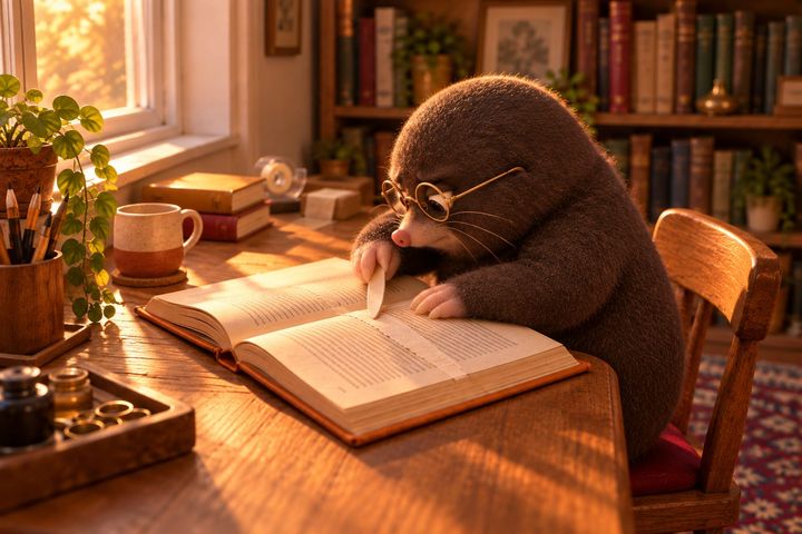 Digby bent low over the open book, smoothing a thin pale strip of paper along the tear with a bone folder, the tape dispenser left at the back of the desk.