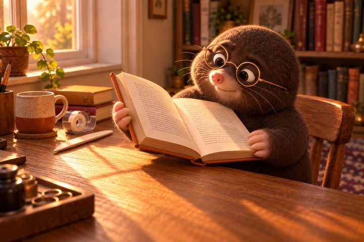 Digby holding the mended book open in both paws, tilted toward the window light, with a small, pleased smile, the tape dispenser and bone folder put aside on the desk.