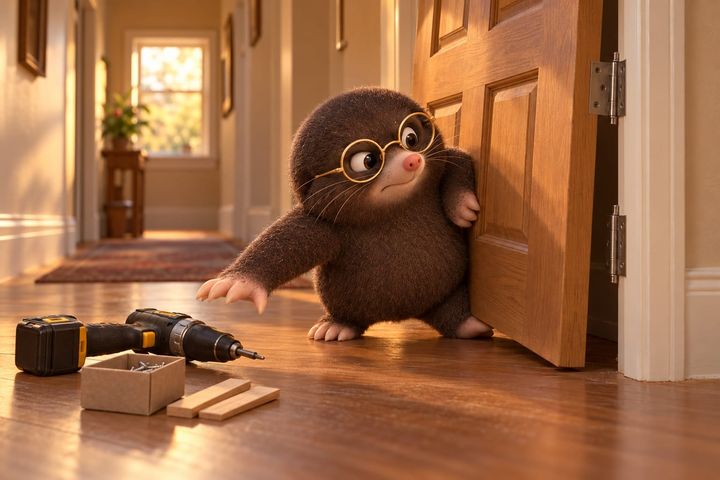 Digby alone in a hallway, bracing a heavy wooden door against his shoulder and one knee to hold it up to its hinges, one paw stretched toward a screw gun on the floor that he can't quite reach.