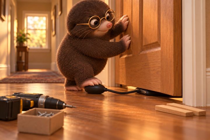 Down at the bottom of the door, Digby presses his foot on a small black rubber bulb. Its hose runs to a flat dark shape under the door's edge, and his paws rest on the door above.