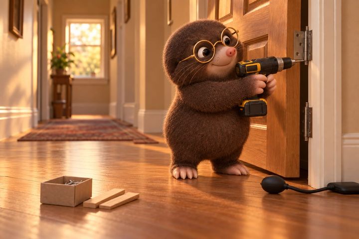The door hangs square on its hinges while Digby drives a screw into a hinge with a cordless drill. The bulb and its hose lie slack on the floor.