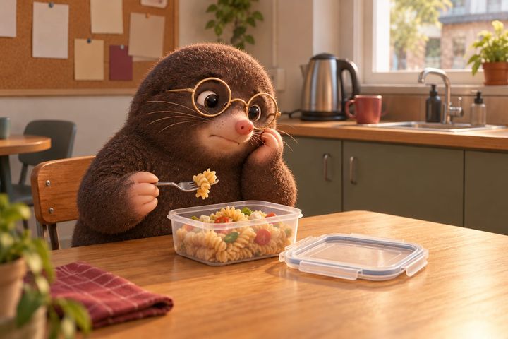 Digby sits at a plain wooden break-room table with his chin on one paw, a forkful of cold pasta raised over an open tub. A kettle, a mug and a sink are behind him, and a pinboard hangs on the wall.