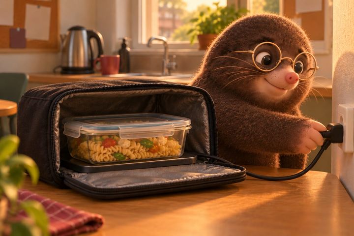 Digby sits at the break-room table in low morning light with a small, contented smile, pushing a plug into the wall socket. Beside him an open insulated lunch bag lies on its side, a lidded glass dish of pasta on the flat plate inside.