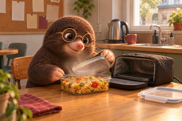 Back at the same table at midday, Digby lifts the lid off a steaming glass dish with a pleased smile. The open bag stands beside him with its cord trailing away.