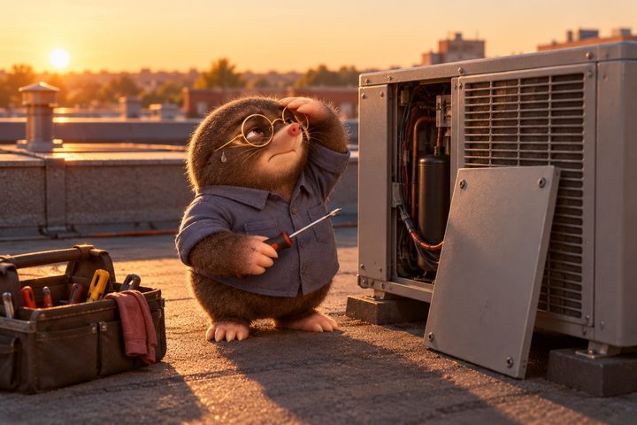 Digby in a work shirt on a flat rooftop in full sun, one paw shading his eyes and the other holding a screwdriver, the side panel of a grey condenser unit open beside him.