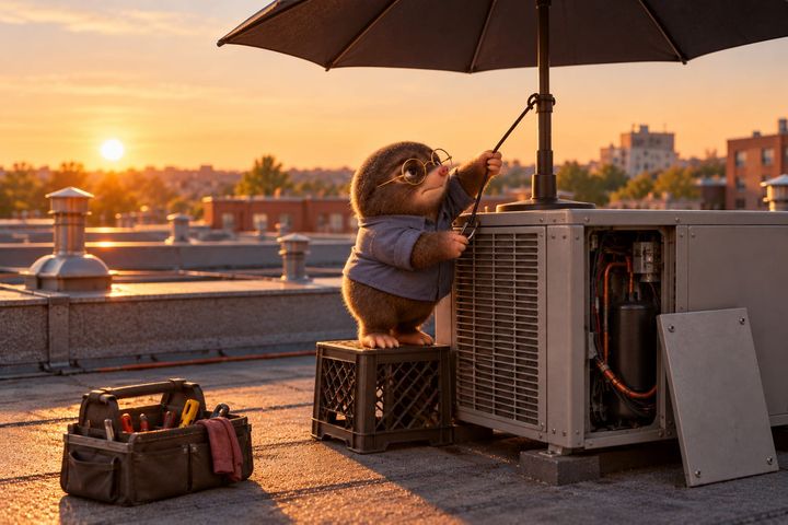 A wider view of the rooftop: a plain dark umbrella stands on the top of the condenser unit, and Digby, standing on an upturned crate, stretches a bungee cord from its pole down to the unit's grille.
