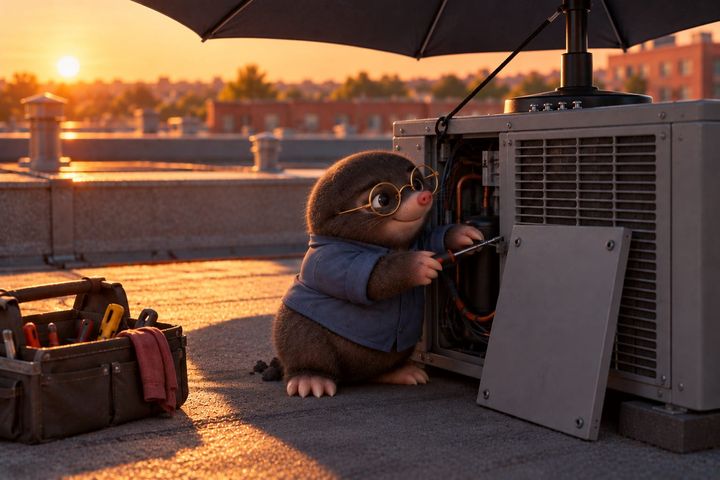 The same rooftop, now with Digby working calmly in the shade of the umbrella, a bungee cord taut from its pole to the unit and a neat row of screws stuck to the base.