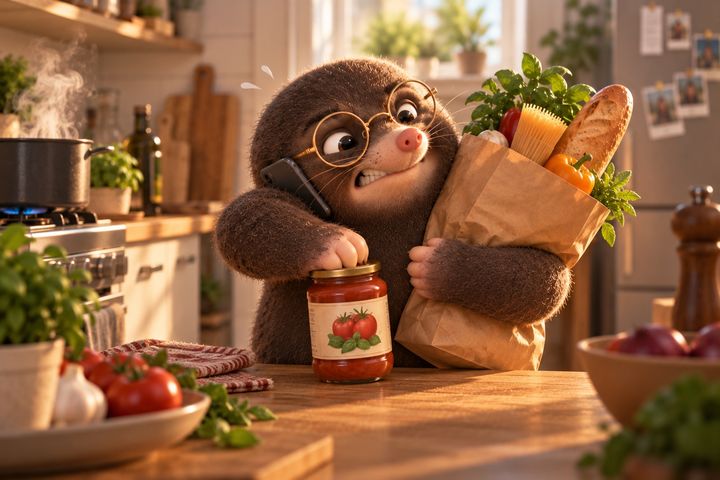 Digby the mole grips the lid of a pasta sauce jar with his one free paw, teeth gritted. A bag of groceries is clamped under his other arm and a phone is wedged against his shoulder.