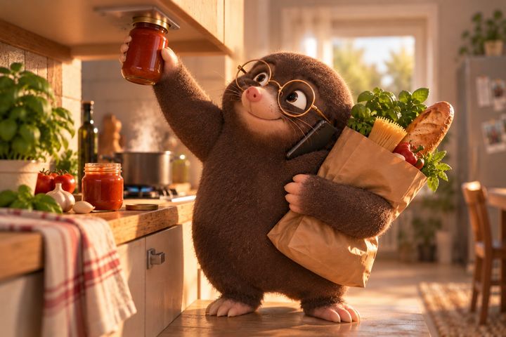 Digby reaches up to twist a pasta sauce jar into the fitting under his kitchen cabinet, grinning, the bag of groceries still clamped under his other arm.