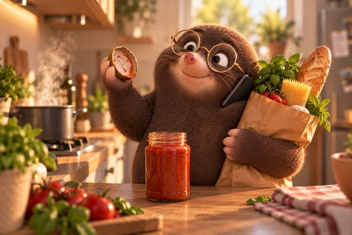 Digby holds the lid up in triumph, sauce still on the inside of it, the open jar standing on the counter and the groceries still clamped under his arm.