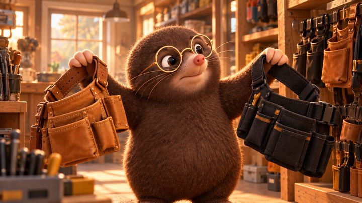 Digby stands in a tool shop holding up two belts, a tan leather one in one paw and a black nylon one in the other, glancing sideways while he tries to choose.