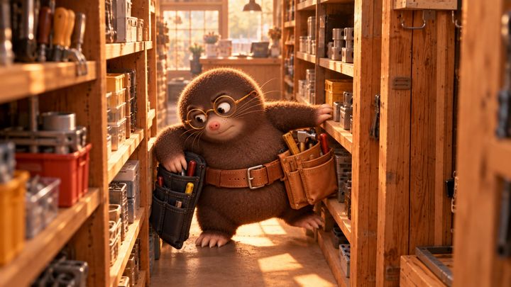 Down a narrow aisle, Digby wears a mismatched belt. A wide leather pouch on one hip presses against the shelf while he reaches down into a lower nylon pouch on the other.