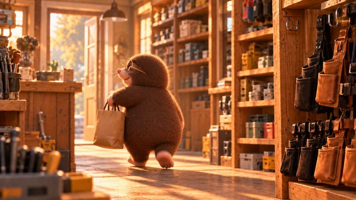 Digby heads for the open shop door with a brown paper bag in one paw, smiling back over his shoulder. On the belt rack beside him, one hook is empty.