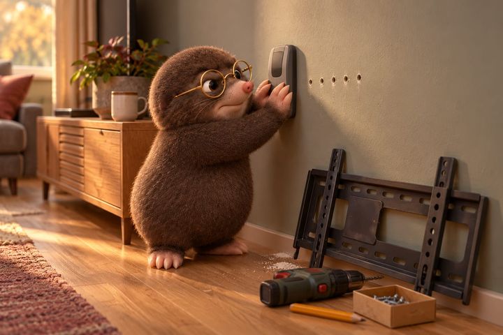 Digby presses a flat grey electronic stud finder against a grey-green living-room wall, eyeing it sideways. A row of small drill holes sits beside it, and a TV wall bracket leans on the floor with a drill, a pencil and a box of screws.