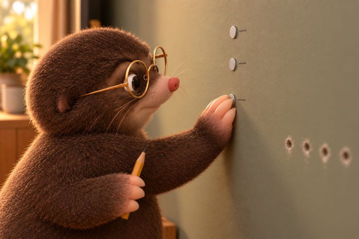 Close on the wall from the side: Digby slides a small silver disc magnet up the paint with one paw, a pencil in the other. Two more magnets already hold on above it, each with a short pencil mark beside it, and the drill holes sit off to the right.