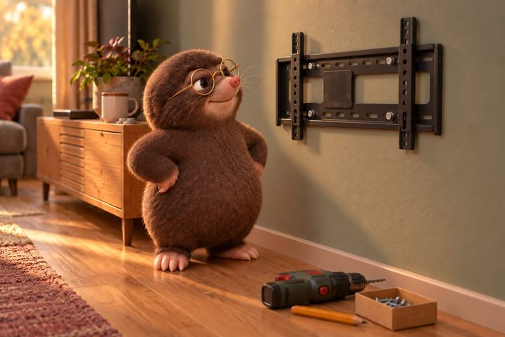 Digby stands back with his paws on his hips and a pleased smile, looking up at the TV bracket now screwed level to the wall, over the spot where the drill holes were. The magnets sit in a little pile by the mug on the sideboard, and the drill, pencil and box of screws are on the floor.