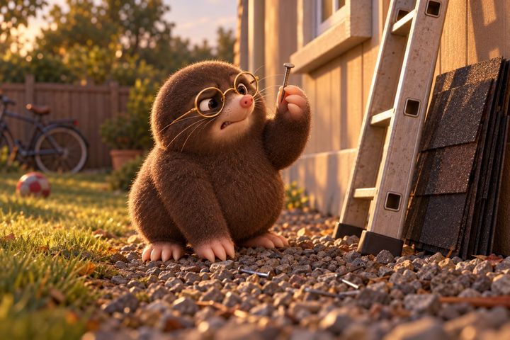Digby crouched on the gravel strip beside a house, wincing as he holds up a roofing nail he just found, a ladder and a bundle of shingles still leaning against the wall and a child's ball on the lawn behind him.