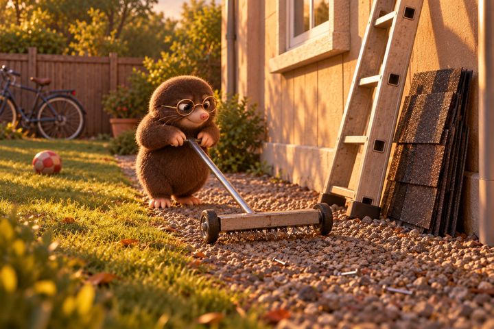 The same yard, the ladder and shingles still by the wall: Digby pushes a long-handled sweeper along the gravel strip, focused on the job, nails and screws clinging to the underside of the bar.