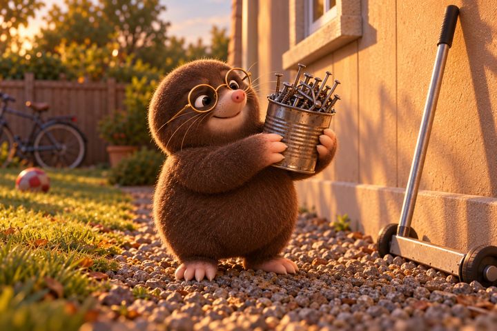 The same gravel strip from the same angle, the ladder gone: Digby holds up a coffee can bristling with nails and screws, beaming, the sweeper leaning against the wall beside him and the child's ball still on the lawn.