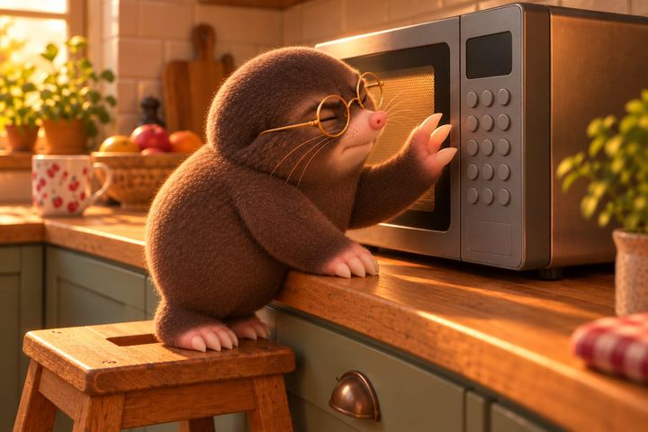 Digby on a wooden stool at the kitchen counter, squinting hard at a microwave's rows of identical round buttons, one paw raised in front of them, not sure which to press.