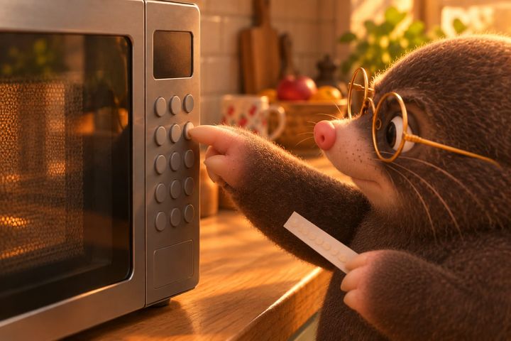 Close on the microwave's keypad as Digby presses one button with a fingertip, a small strip of clear raised dots held in his other paw.