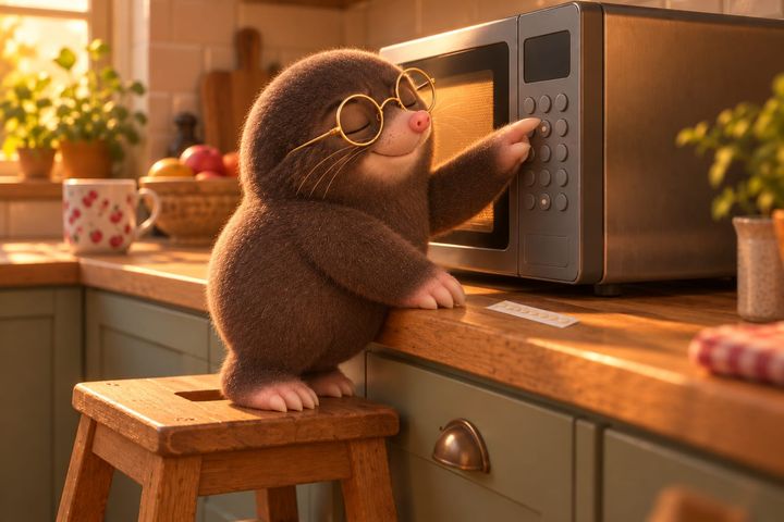 Digby on the stool with his eyes shut and a contented smile, finding the right microwave button by feeling for the raised dot on it.