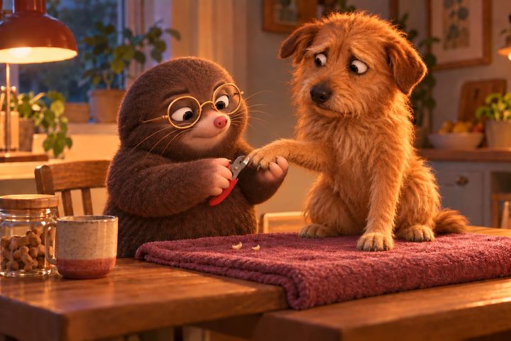 Digby at a towel-covered kitchen table, calmly clipping a nail on the paw a scruffy dog holds out to him, while the dog eyes the clippers with a worried look.