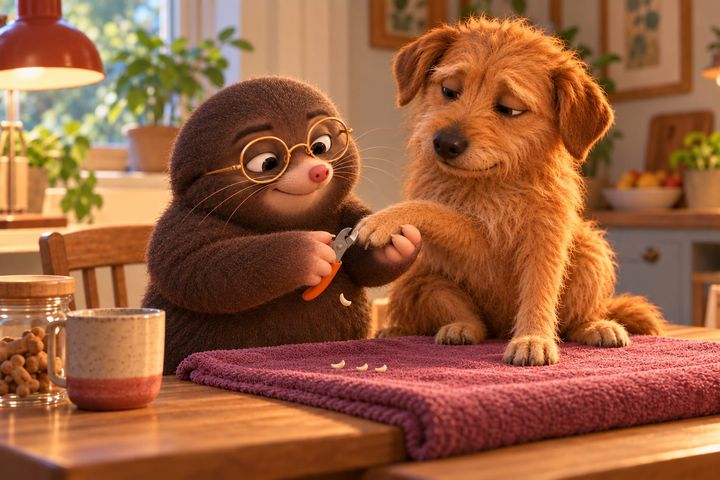 The same kitchen by day: Digby holding the paw the dog offers him while a pair of clippers closes cleanly on one nail, a small clipped piece dropping to the towel and the dog relaxed, eyes half closed.