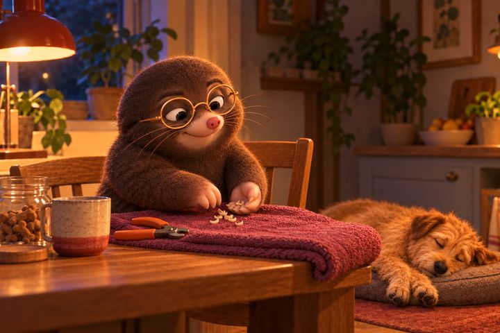 The same kitchen table at night, the dog asleep on a mat beside it with its paws out, and Digby sweeping a small pile of nail clippings into his paw with a small smile, the clippers set down on the table.