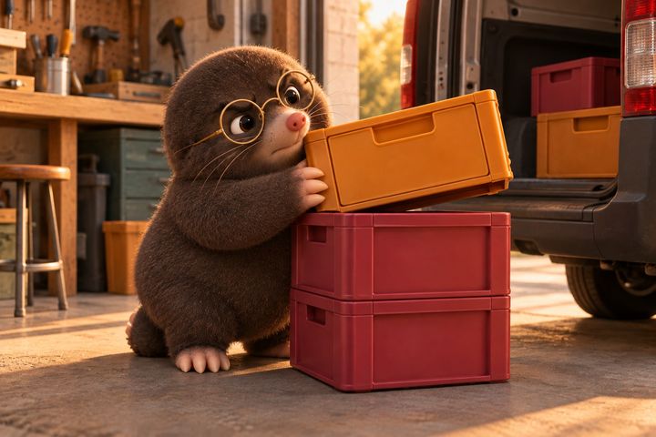 Digby kneels on the garage floor beside his van, trying to seat an amber drawer crate on a stack of raspberry crates that won't take it.