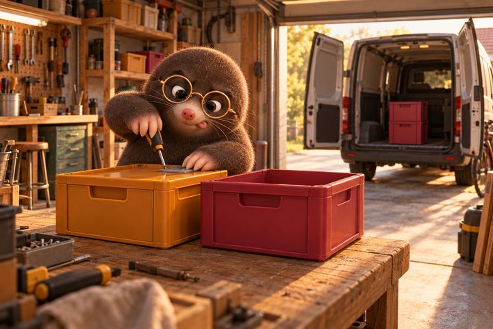 A wider view of the same garage: Digby at his workbench, screwdriver in paw, fitting a small flat plate to the top of an amber drawer crate with a raspberry crate beside it, tongue out in concentration.