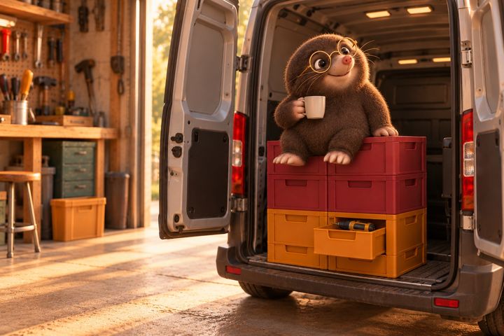 The back of the van, its stack now joined, amber drawers below and raspberry crates on top, with Digby sitting on it holding a mug and grinning.