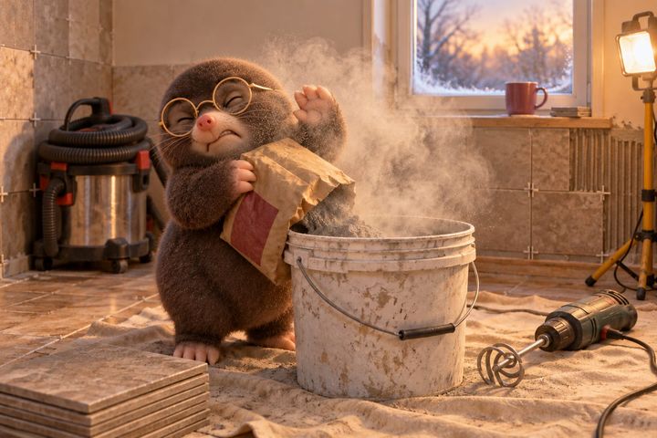 In a half-tiled bathroom, Digby tips a paper bag of mortar into a bucket on a drop cloth as a grey cloud of dust rises around his face. His eyes are squeezed shut, his nose wrinkled and his mouth set in a grimace, one paw raised against the cloud, and a shop vac stands unused behind him.